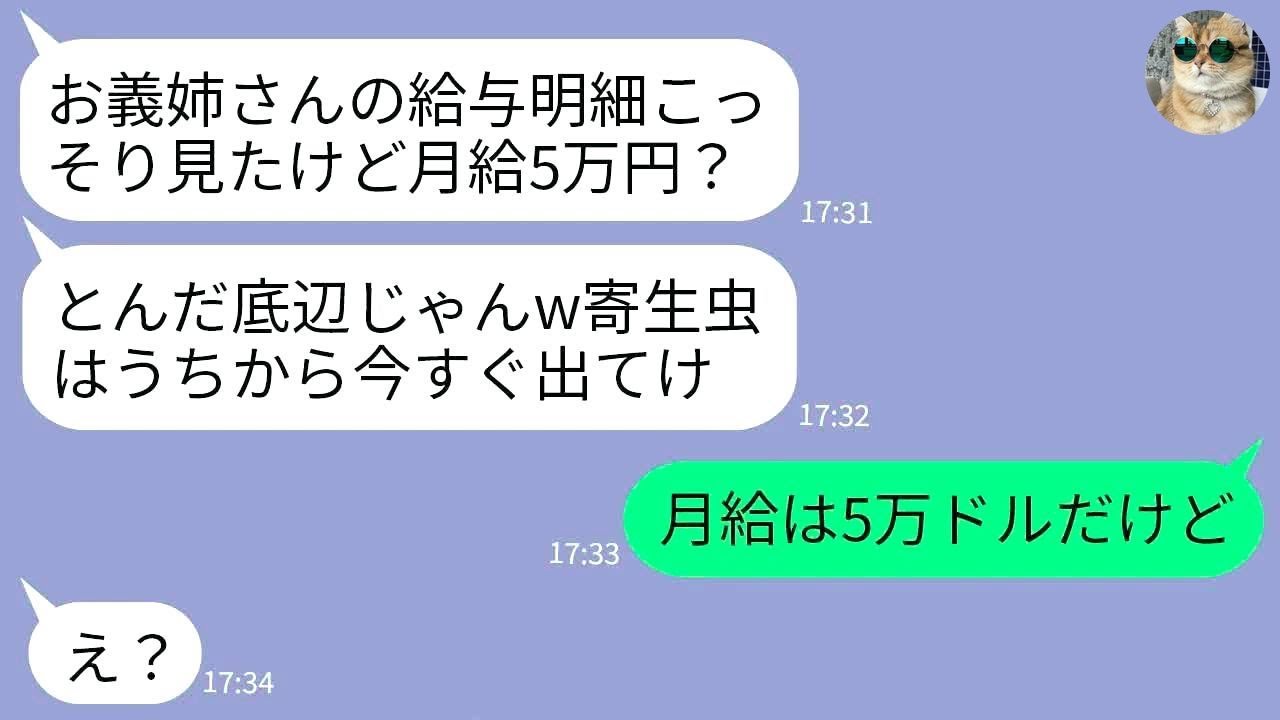 【LINE】私の給料明細を勝手に見て貧乏人呼ばわりして追い出した同居の義妹「月給5万円って底辺じゃんw出てけ！」→私の月給が5万ドルと知った義妹の反応がwww