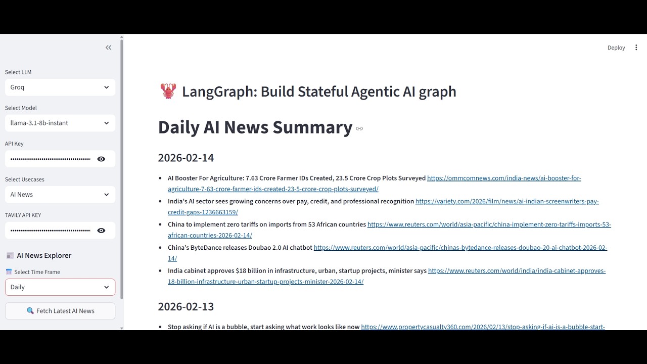 AgenticAI Chatbot - Web Search (Tavily API) + AI News Summarizer | Daily, Weekly, Monthly Automation