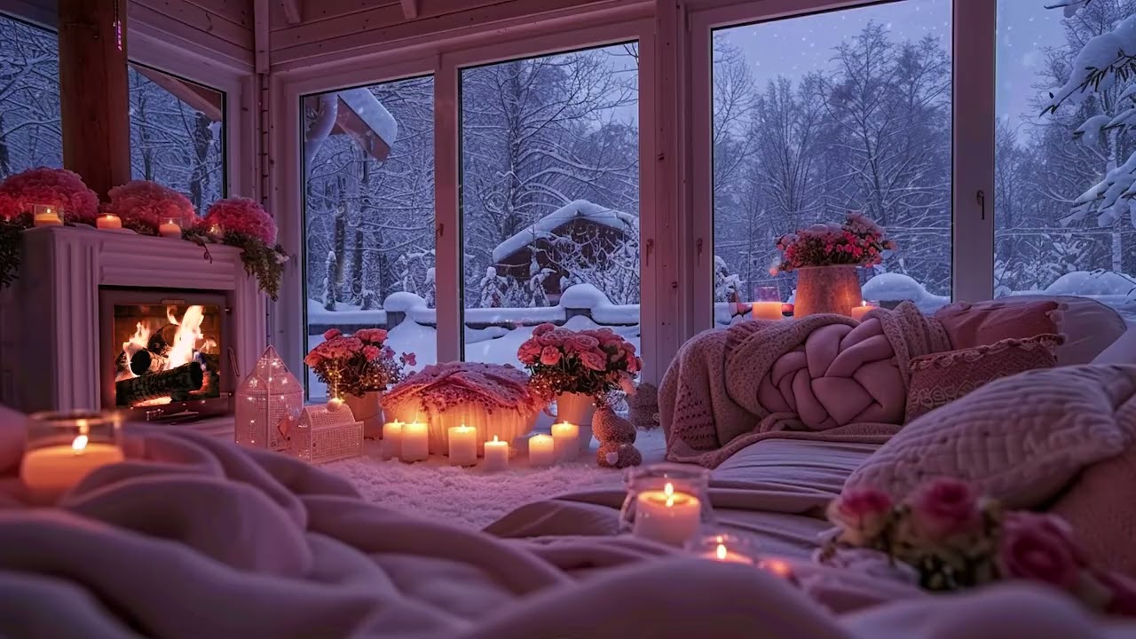 Still Winter Wind and Snow Outside the Wooden Cabin | Fireplace Crackling Sounds for Peaceful Nights