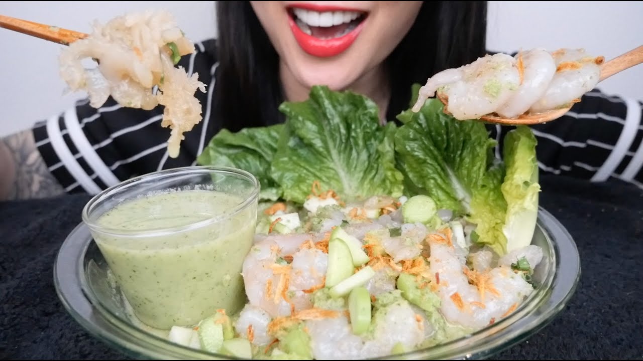 RAW MARINATED SHRIMP + JELLY + GREEN SEAFOOD SAUCE (ASMR EATING SOUNDS) LIGHT WHISPERS