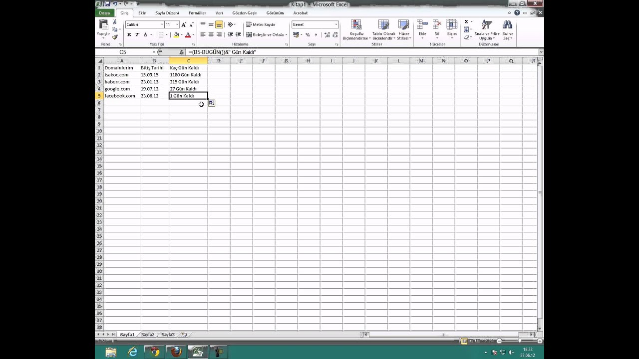 Excel'de kalan günü hesaplama formülü
