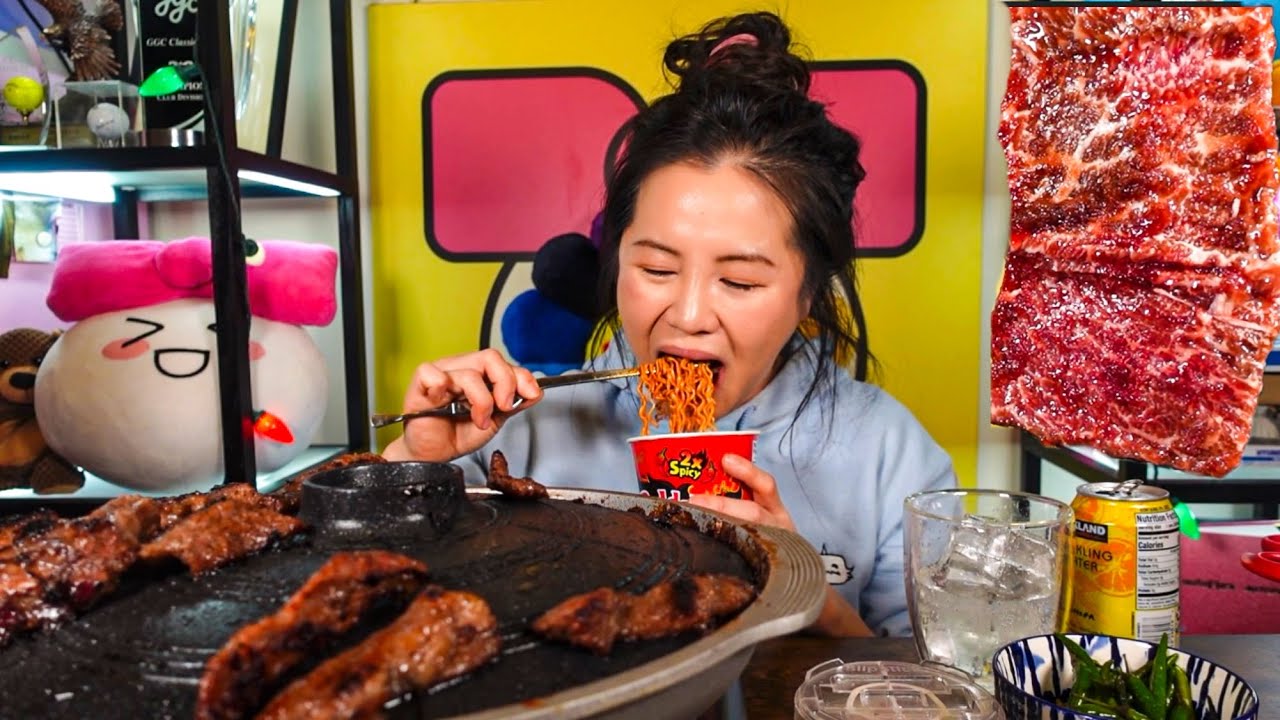 King Sliced Marinated Galbi Short Ribs With Nuclear Buldak Fire Noodles And Thai Chili Peppers 