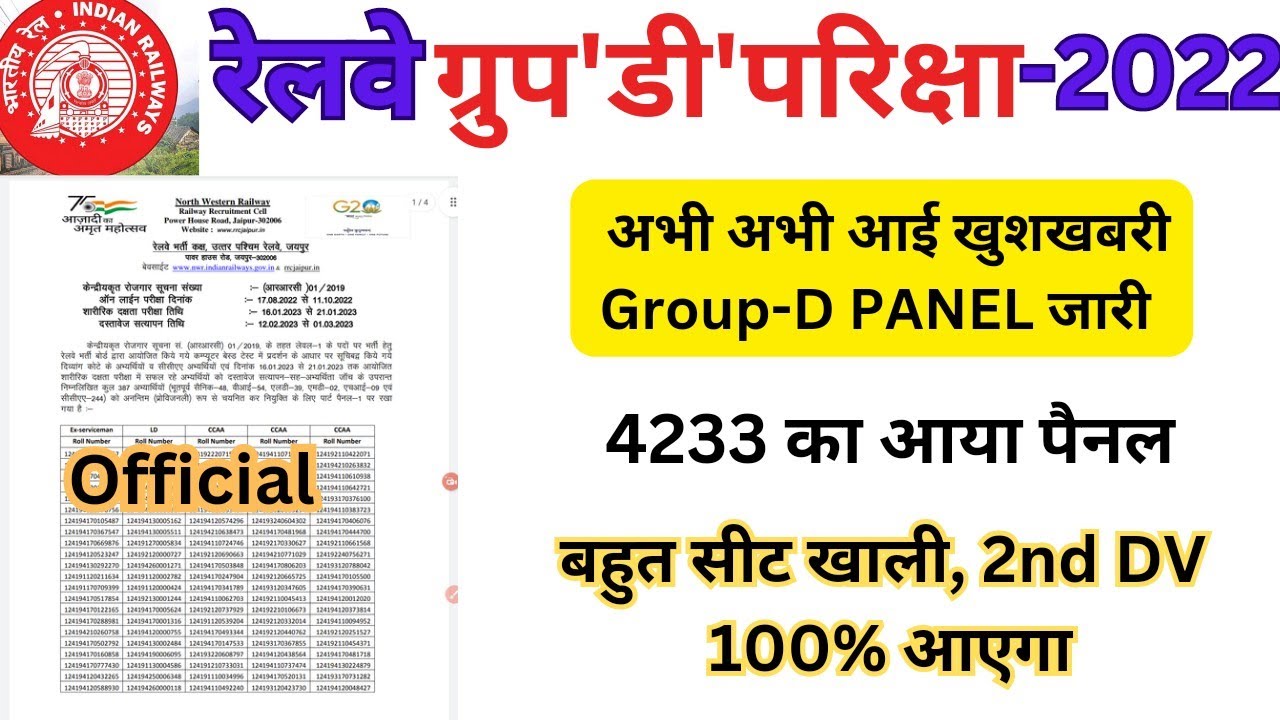 RRC North Western Railway GROUP D 2nd PANEL || GROUP D PANEL LIST
