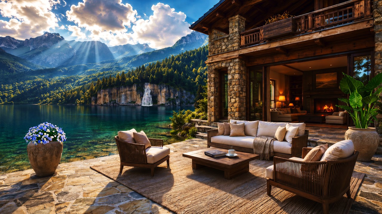 Summer Mountain Lake Cabin Living Wallpaper ☀️ Smooth Jazz 🔥 Saxophone & Piano Music [4K]
