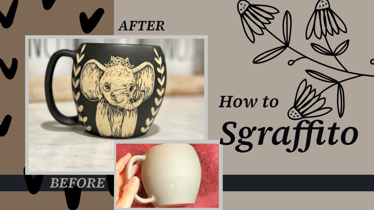 How to sgraffito an elephant mug - before and after - #pottery #sgraffito #ceramic