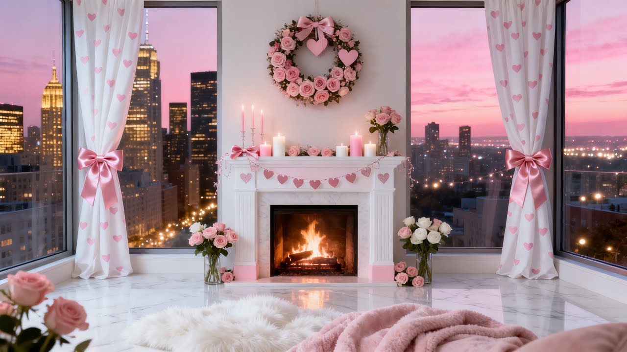 💕🎀 Clean Girl Coquette Pink Valentine’s Night in the City ✨ Cozy Fireplace & Soft Lo Fi Ambience
