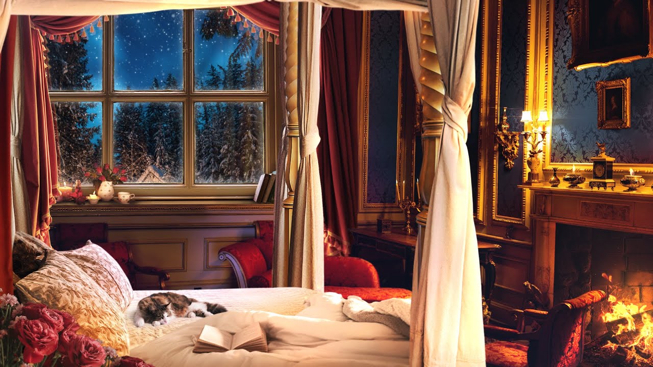 Winter Victorian Lady's Bedroom Ambience ASMR: Cozy Fireplace & Purring Cat Sounds for Relax, Sleep