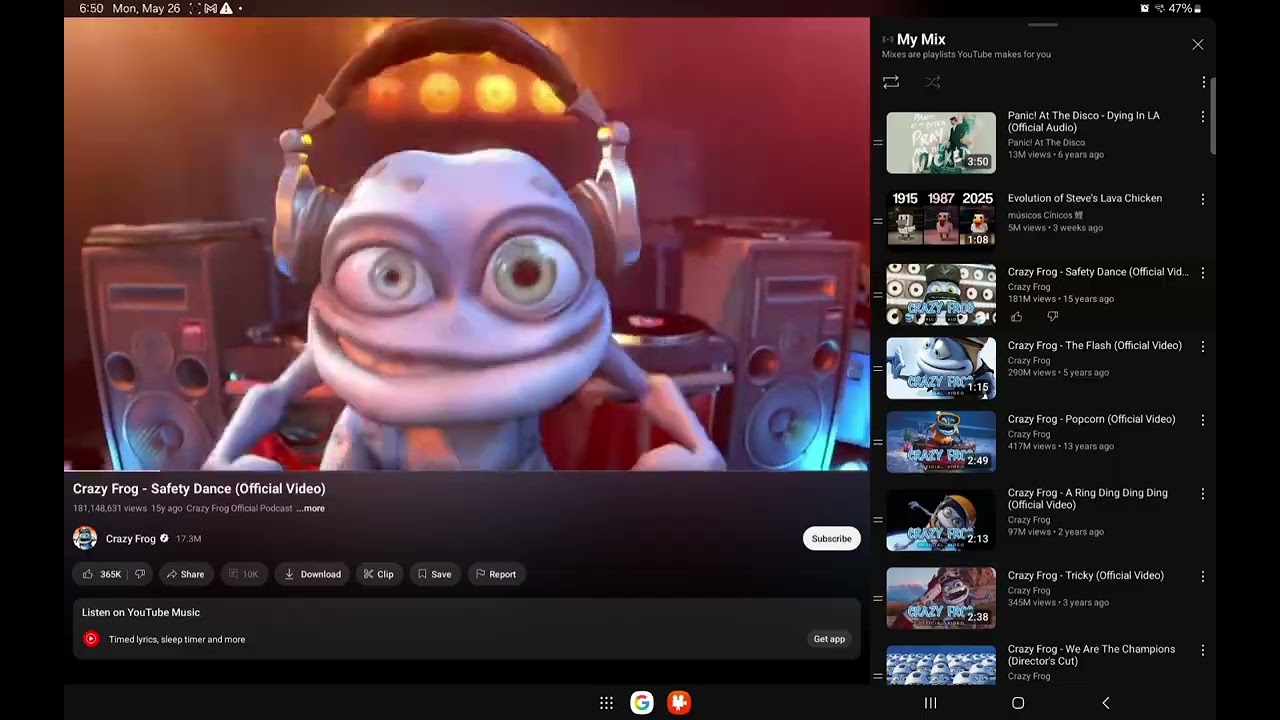 Crazy frog safety dance but getting faster to 100× speed and loud you've never seen before.