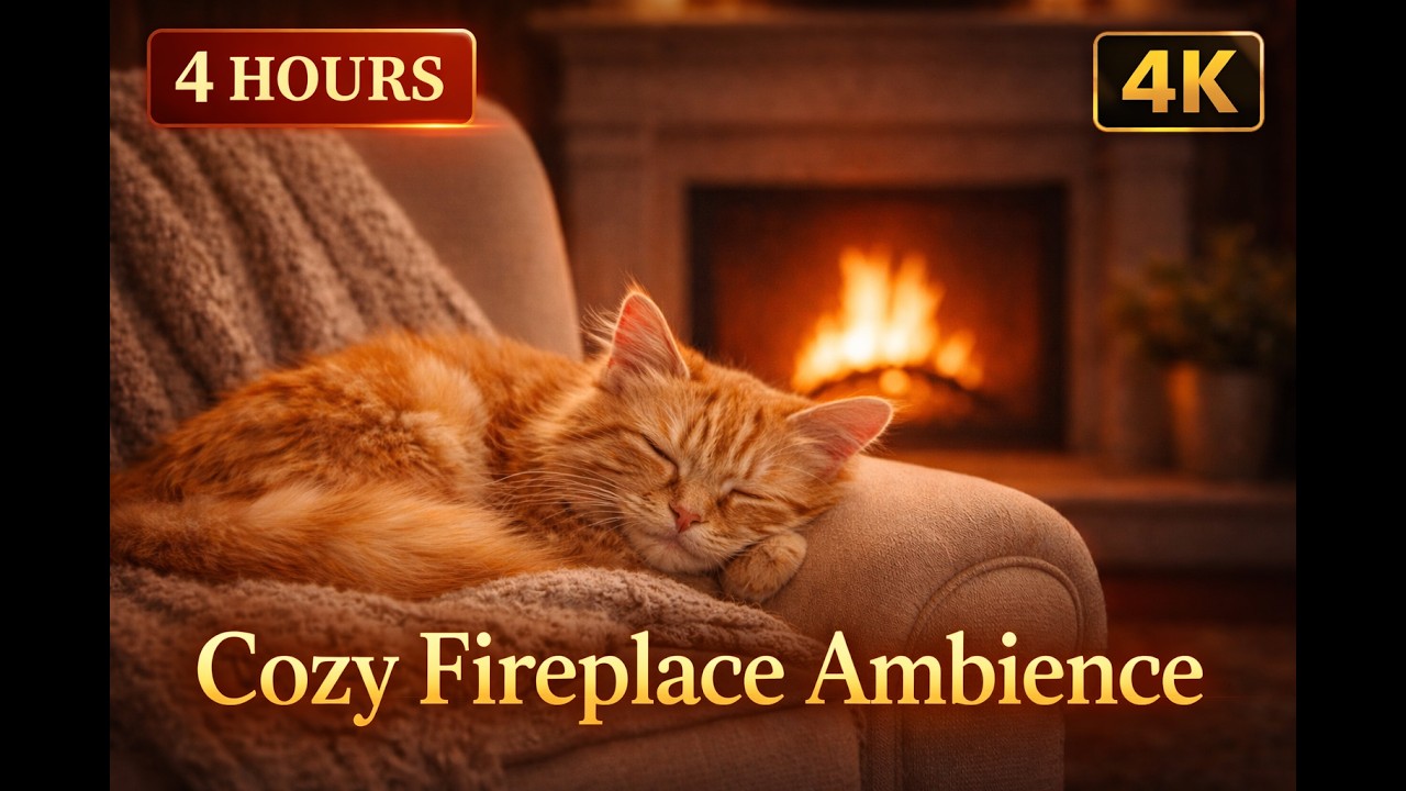 4 Hours Cozy Fireplace Ambience 🔥 Relaxing Music with Sleeping Cat | 4K Warm Night