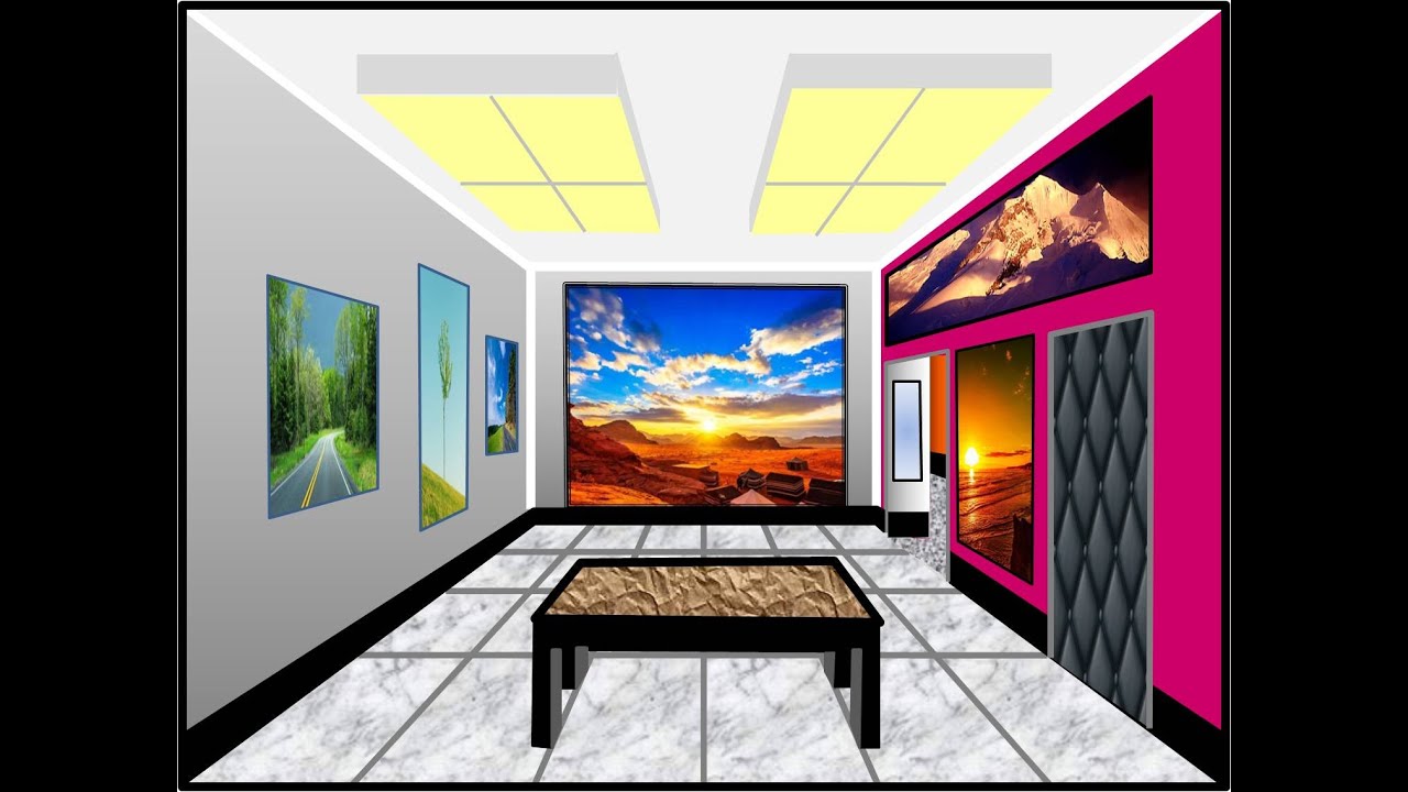 Exercice; galerie d'art en perspective conique frontale.