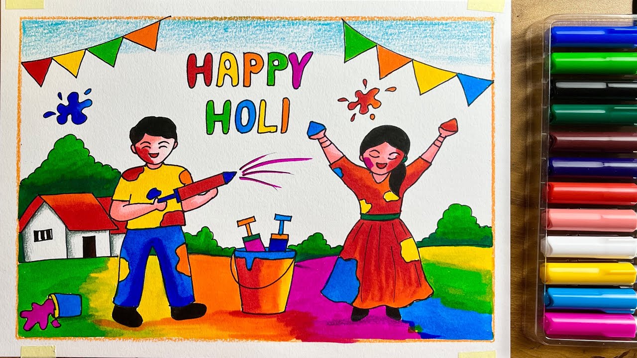 Holi Drawing For Beginners || How to Draw Holi festival Drawing || Holi Drawing