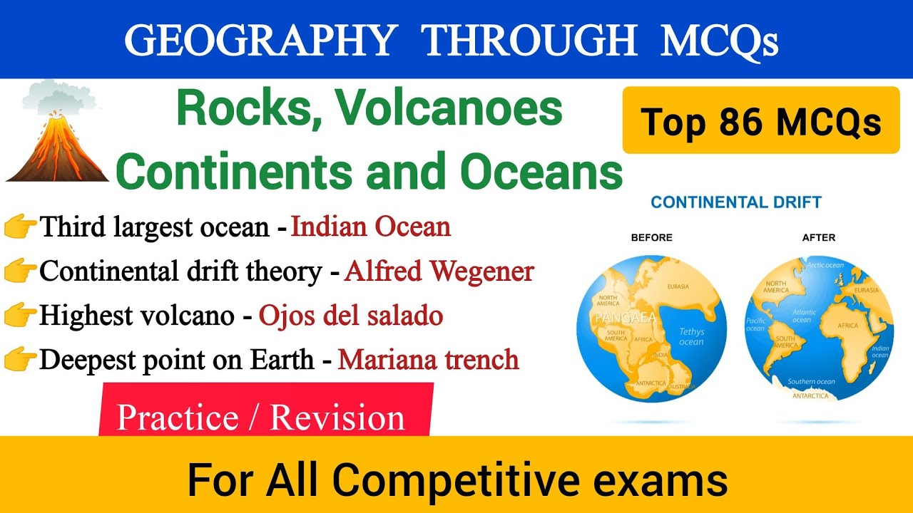 Rocks, Volcanoes, Continents and Oceans | 86 Important MCQ's for all competitive exams | Geography