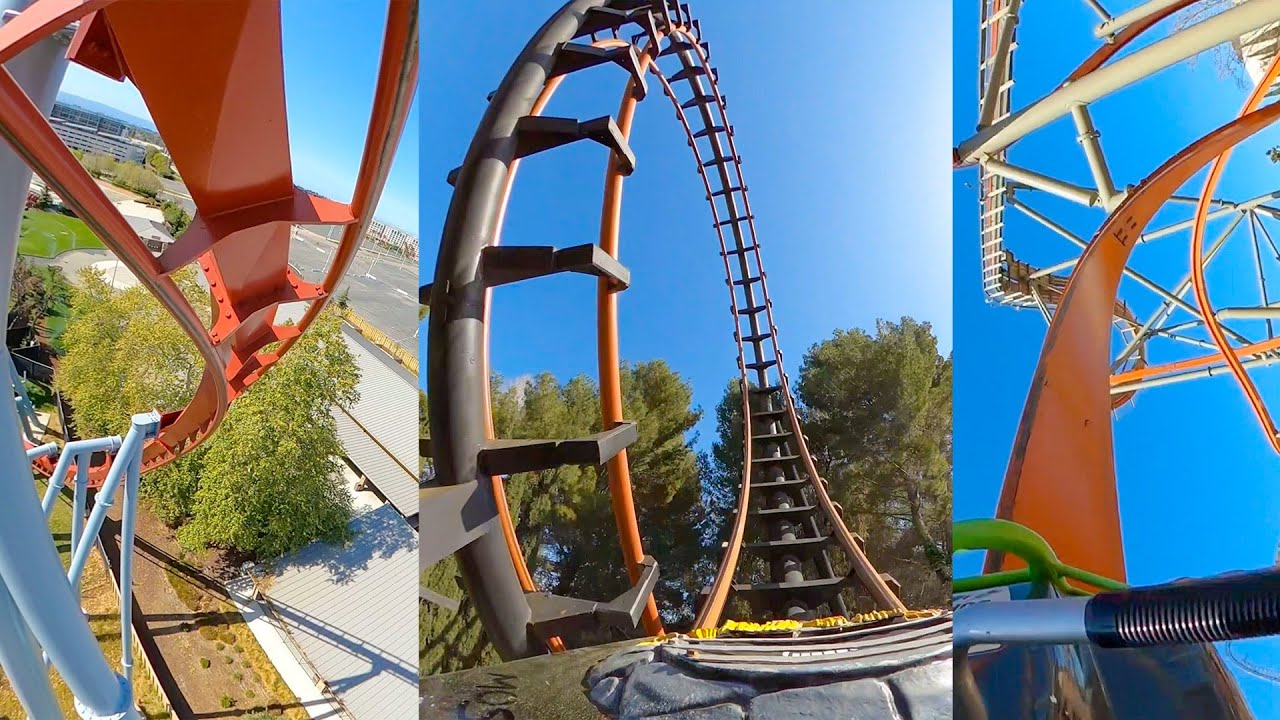 6 потрясающих американских горок в парке развлечений Great America в Калифорнии! Вид с переднего ...