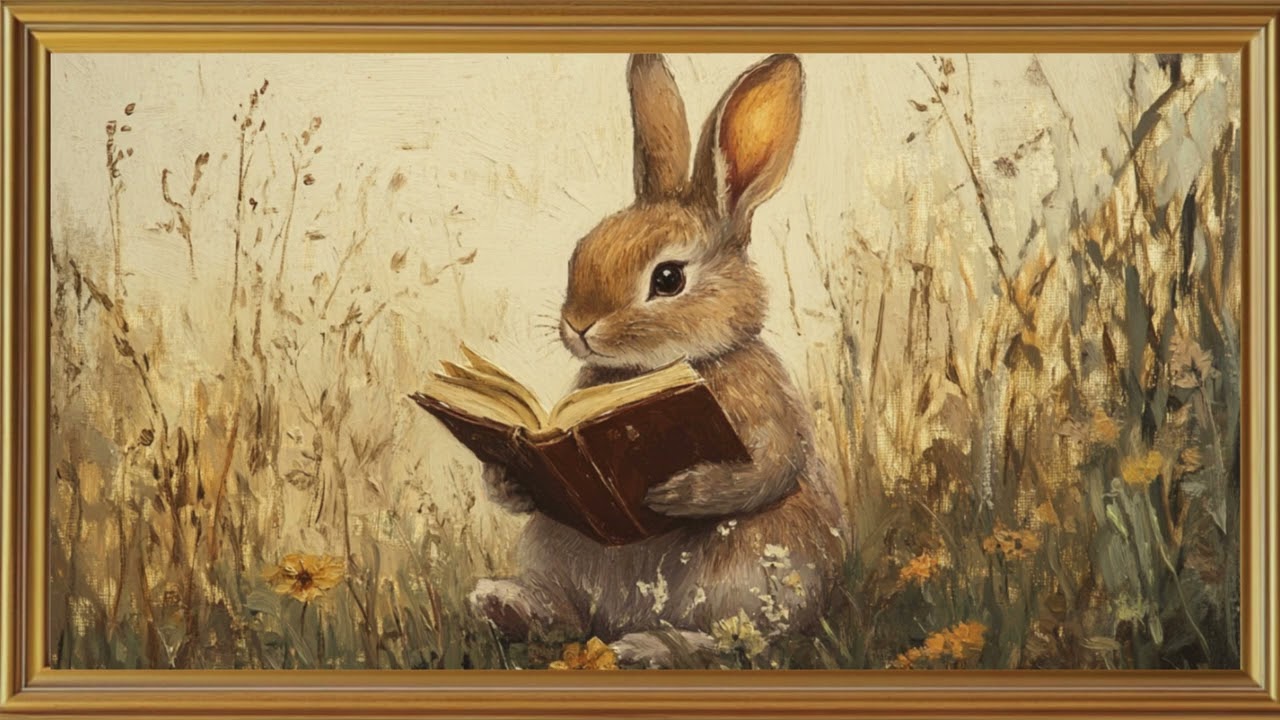 Spring Easter TV Artwork, Vintage Oil Painting Background, Tv Screensaver, Bunny Reading a Book