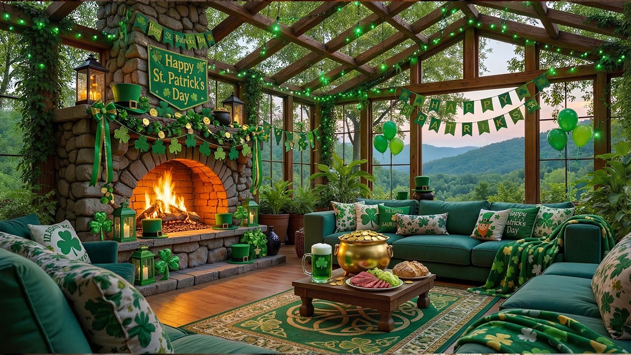 Cozy St Patrick’s Day Glass Cabin Ambience ☘️ Crackling Fireplace & Relaxing Piano Music | 4K