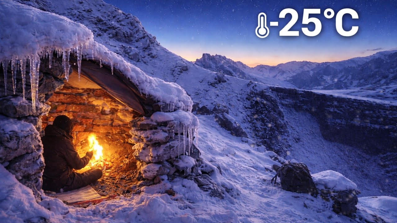 Cold Night at High Altitude | Stone Shelter & Fire in Deep Snow