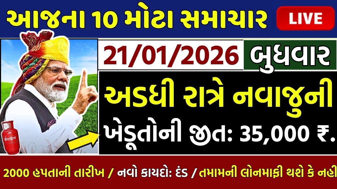 આજના તાજા સમાચાર/ લોનમાફ, 3 યોજના, 2100 સહાય,રેશનકાર્ડ,2000 હપ્તો,લાયસન્સ,નવા નિયમ / khedut samachar