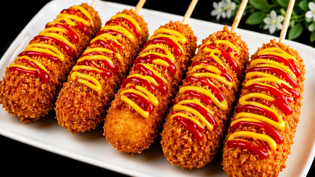 Amazing snack! Corndog 😋 sausages in cornflakes – so crunchy and tasty!