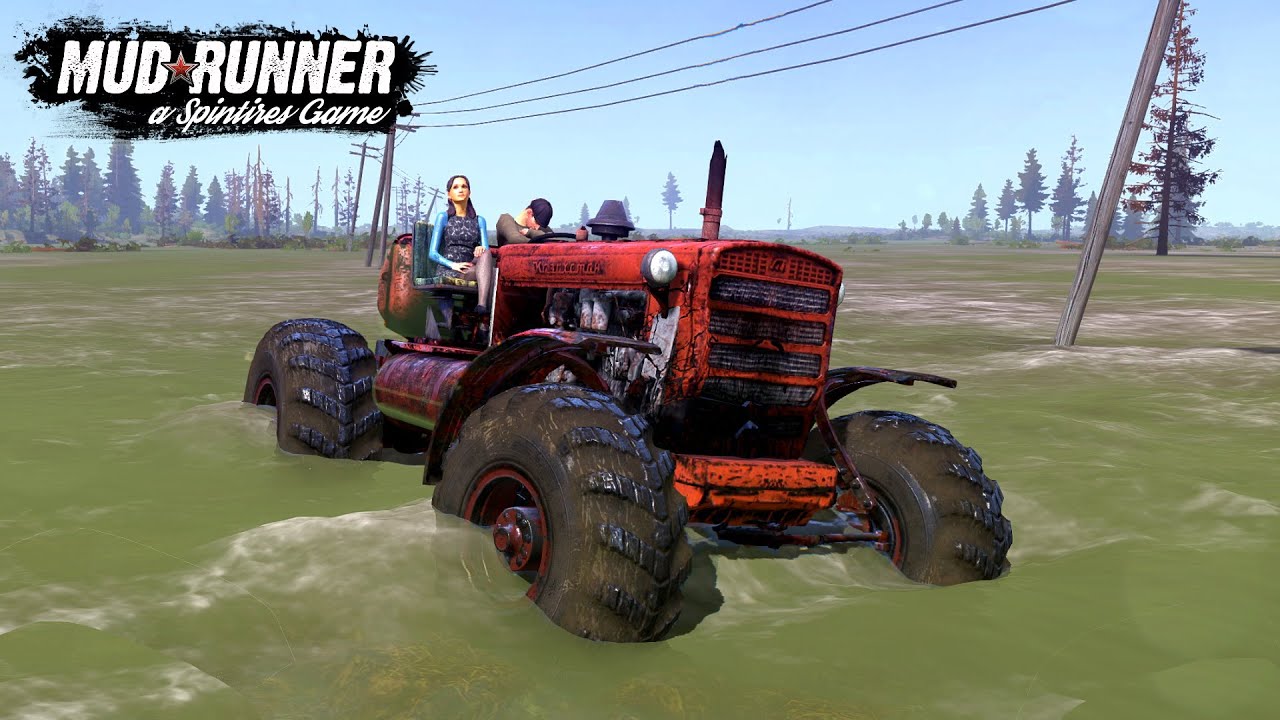 Spintires: MudRunner - DT 75 Old Tractor Driving Through The Flood