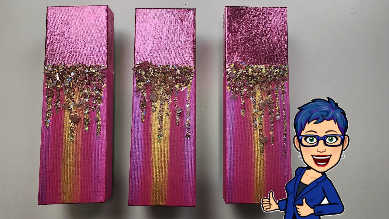 Bling Bling on a Monday.  Triptych using pink /gold / leafing/broken glass / Laura's GLITTERS #513