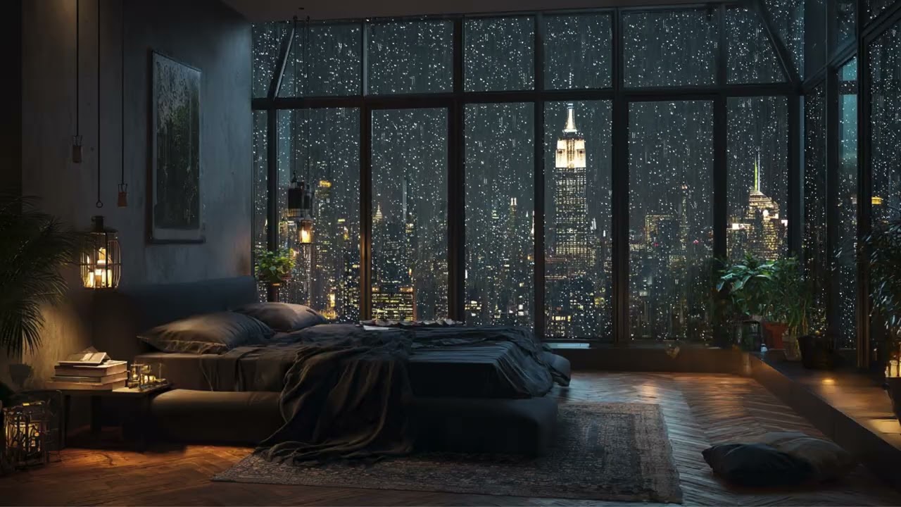 Rainy Night in a New York City Penthouse - Soft Rain Sounds on Window for Deep Sleeping