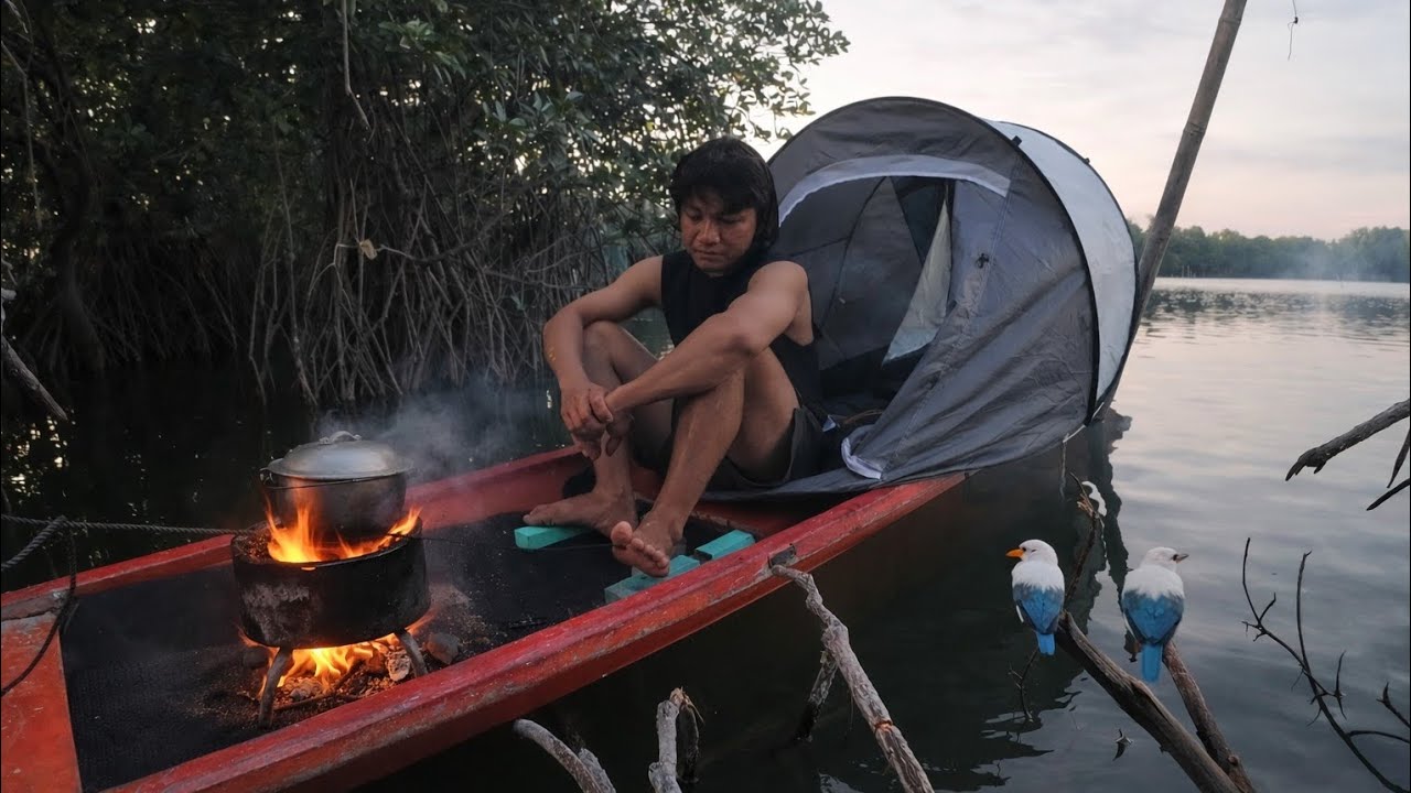 Camping & Fishing Overnight in a Canoe (Cozy River Tent Setup)