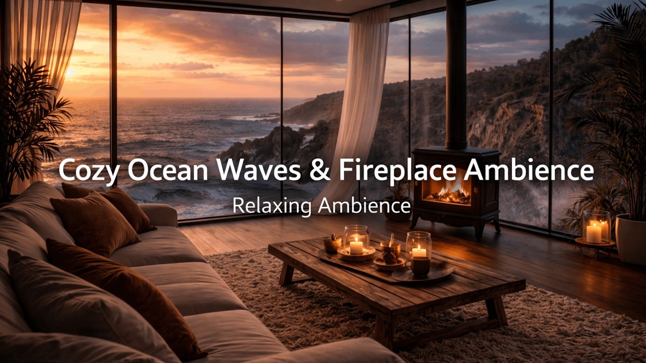 Ocean Waves & Fireplace Ambience 🌊🔥 Cozy Beach House Sounds for Sleep, Study & Relax