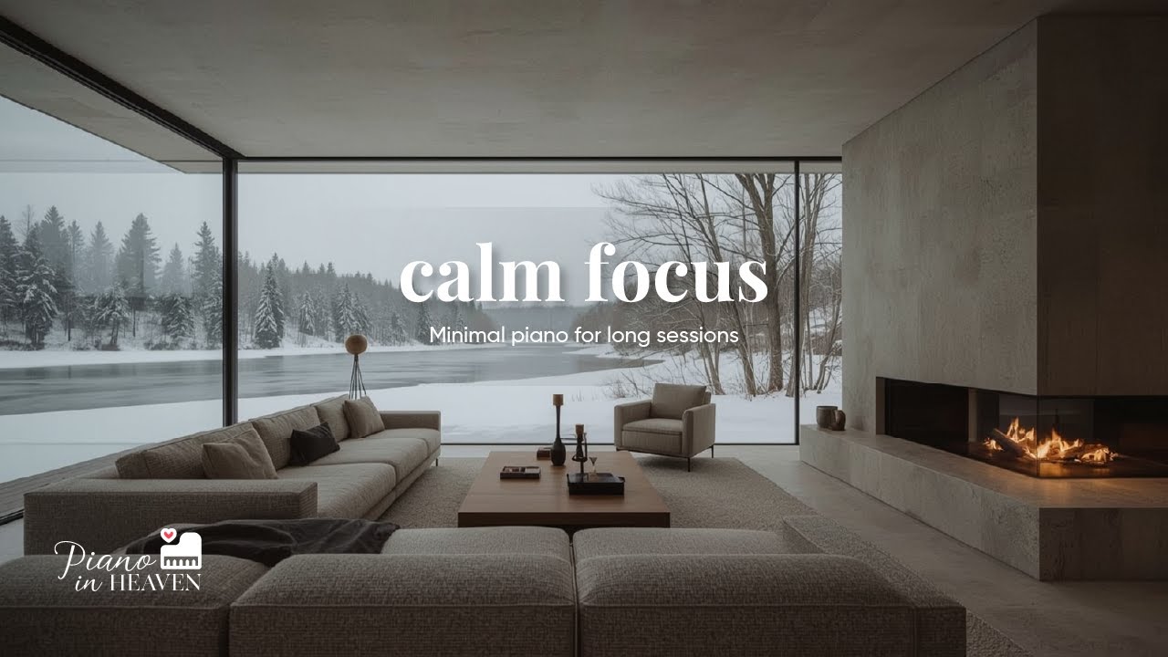 A Minimal Winter Cabin Room by a Frozen Lake, Fireplace Warmth and Slow Calm Piano