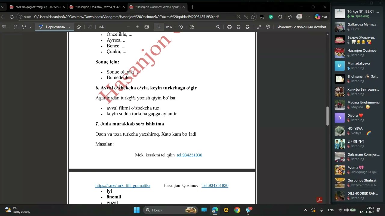 Yazma dars Turk tili grammatika.