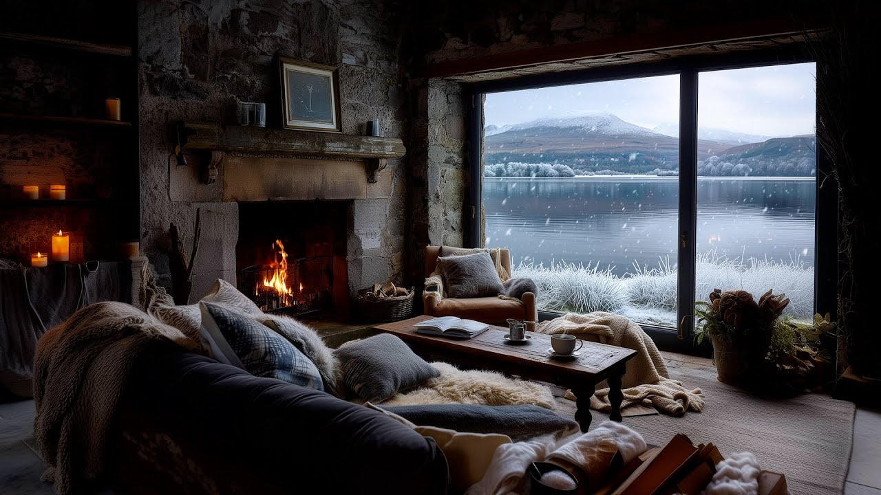 8 Hours Inside a Cozy Old Stone Cabin |  Snow Falling, Fireplace, Mountain Lake View