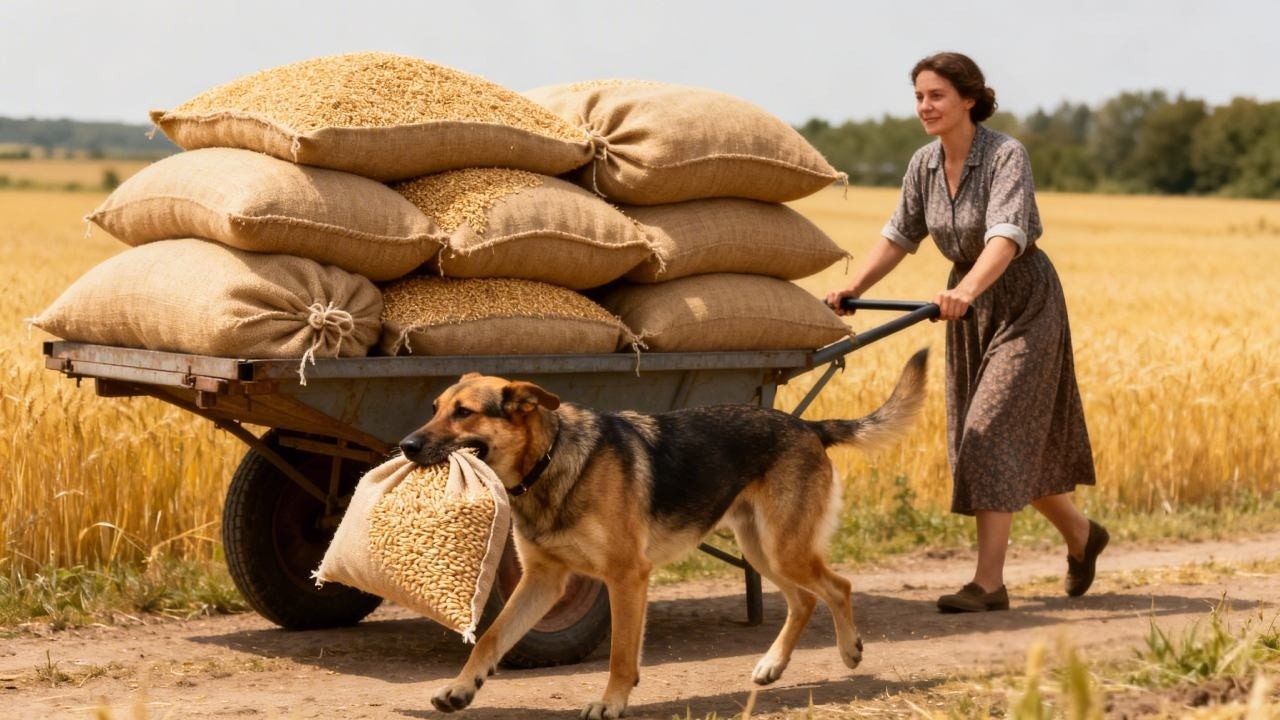 The dog helped its owner deliver a large amount of food.