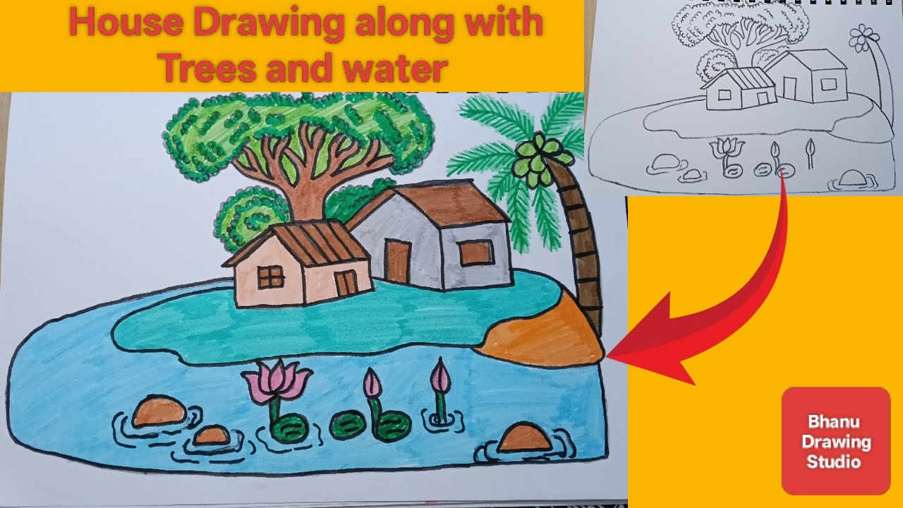 Village House Scenery Drawing | Simple Nature Drawing l lotus pound drawing, beautiful house scenery