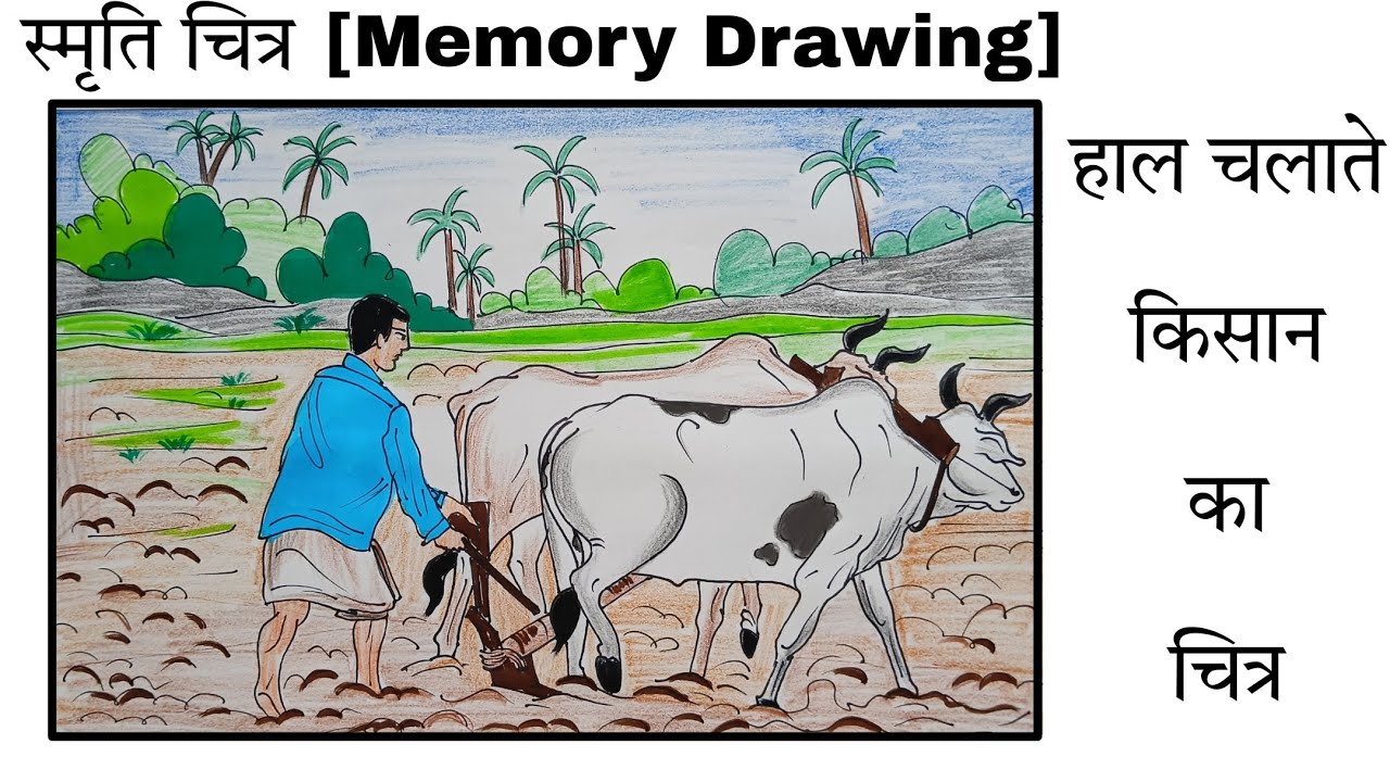 Drawing of farmer/memory Drawing/Drawing of farmer ploughing field/village scenery