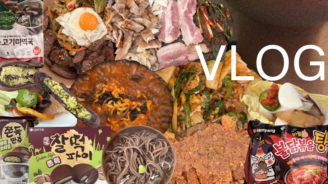 [먹방브이로그] 봄동비빔밥 | 불닭미역탕면 | 스테이크덮밥 | 두바이쫀득만쥬 | 두바이찰떡파이 | 닭볶음탕 | 삼겹살 | 쌈밥 | 돈까스 | 냉모밀 | Mukbang VLOG