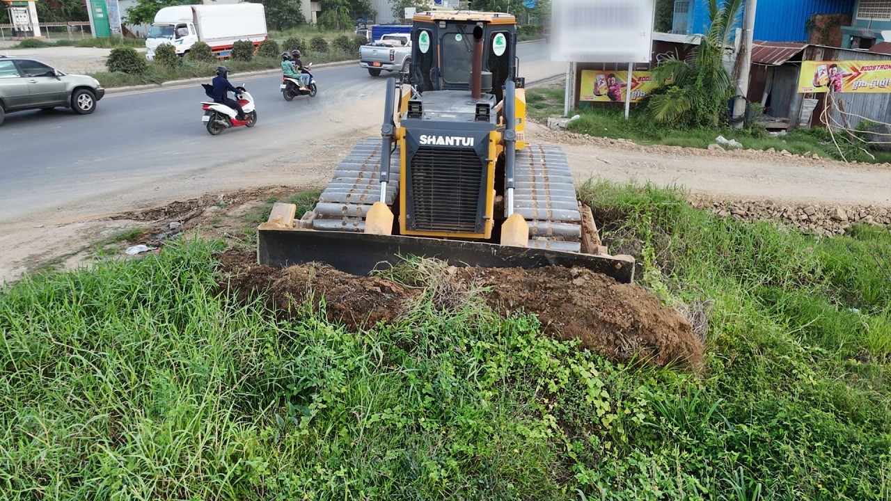 Impressive Site, Talented Powerful Bulldozer pushing soil huge filling & Dump Trucks Processing