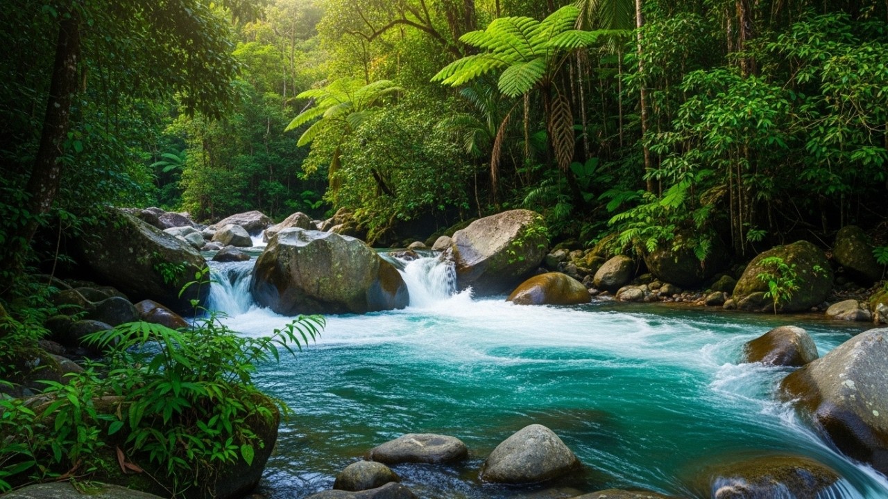 Serene Tropical Nature Scene Featuring a Crystal Clear Waterfall and Emerald River