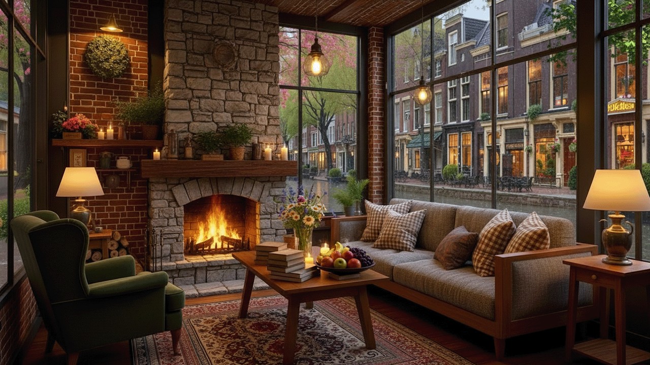 Relaxing Cafe Under the Rain🌧️Gentle Piano Music with Fireplace Ambience