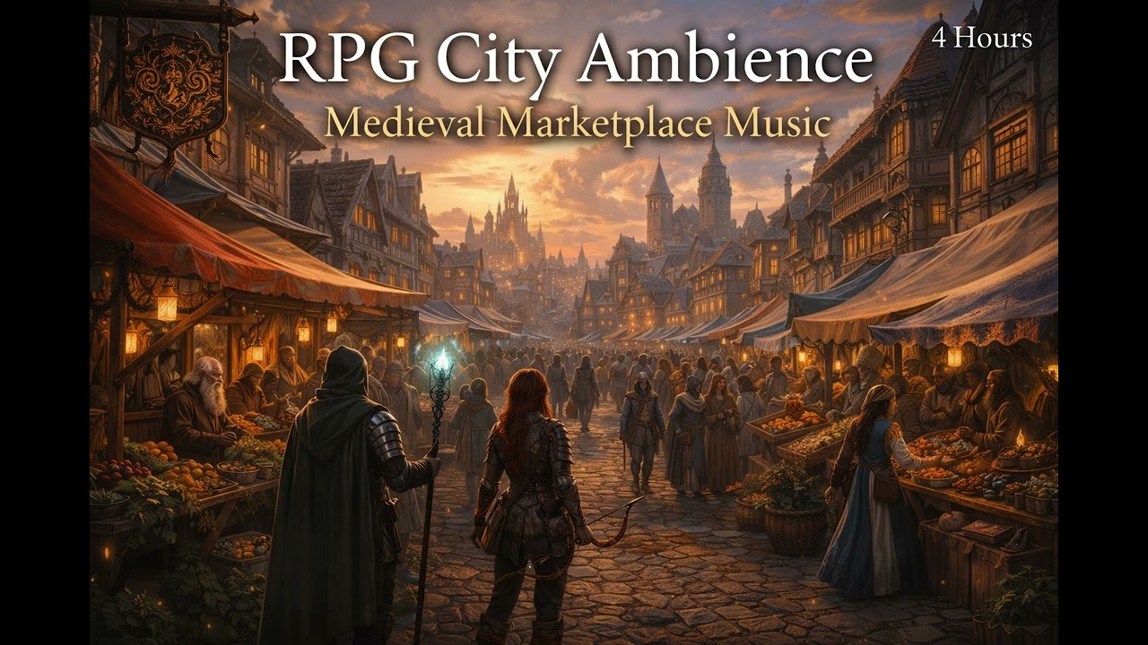 RPG City Ambience – Medieval Marketplace Music (4 Hours)