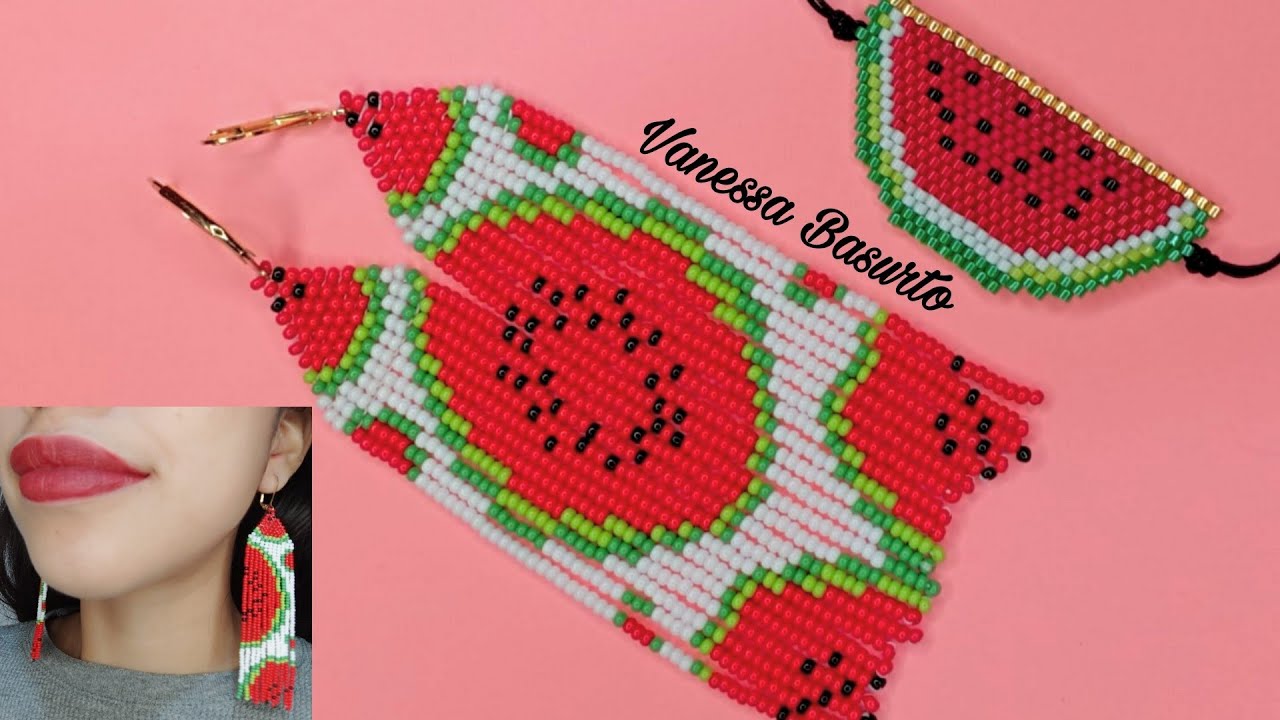 🍉ARETES DE SANDIA🍉 CON FLEQUILLOS DE CHAQUIRAS/MOSTACILLAS| Watermelon earrings 🍉 Beaded jewelry DIY
