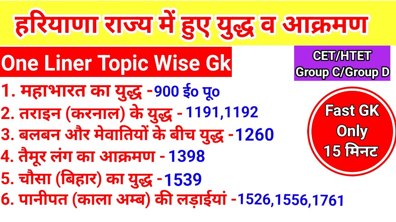 हरियाणा में हुए युद्ध व आक्रमण।Gk Haryana।One Liner Gk।CET/HTET/Group-C/D/Police_