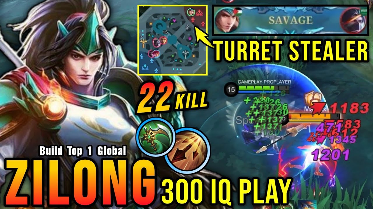 SAVAGE + 22 Kills!! Zilong 300 IQ Play, Perfect Turret Stealer!! - Build Top 1 Global Zilong ~ MLBB