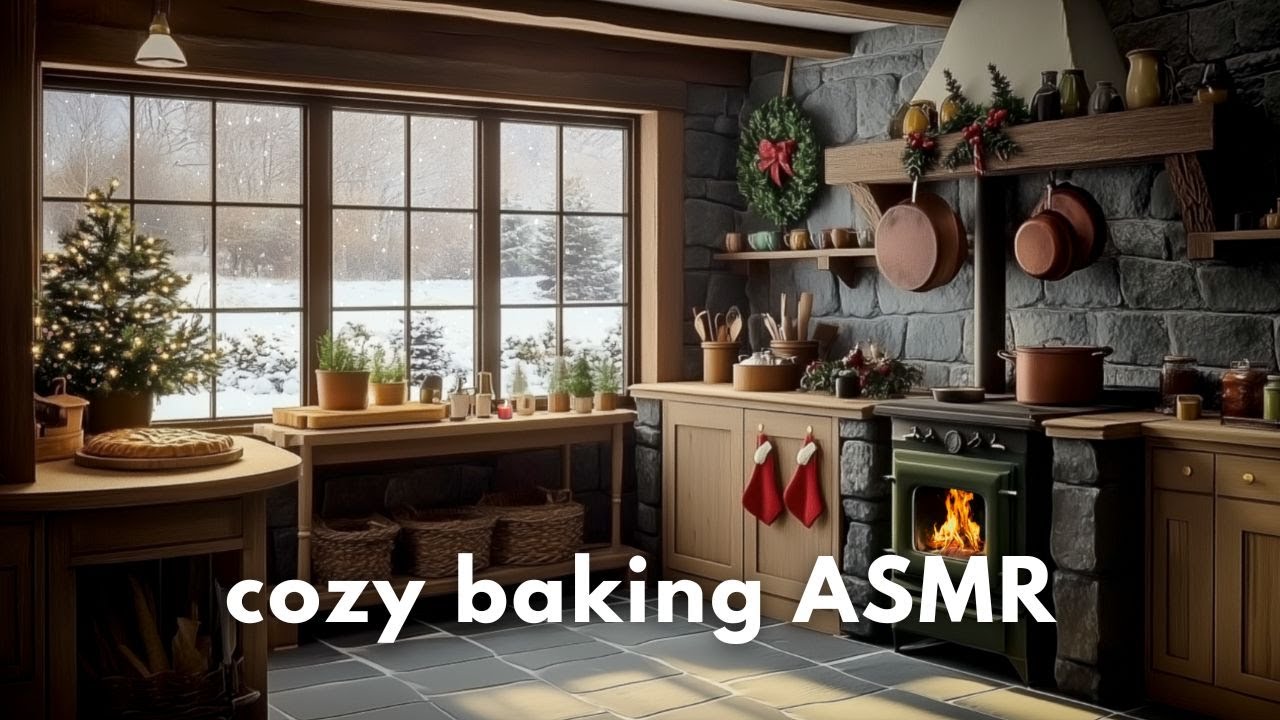 Cozy Kitchen Ambience 🥧 Baking ASMR & Fireplace Sounds in the Christmas Cottage 🎄