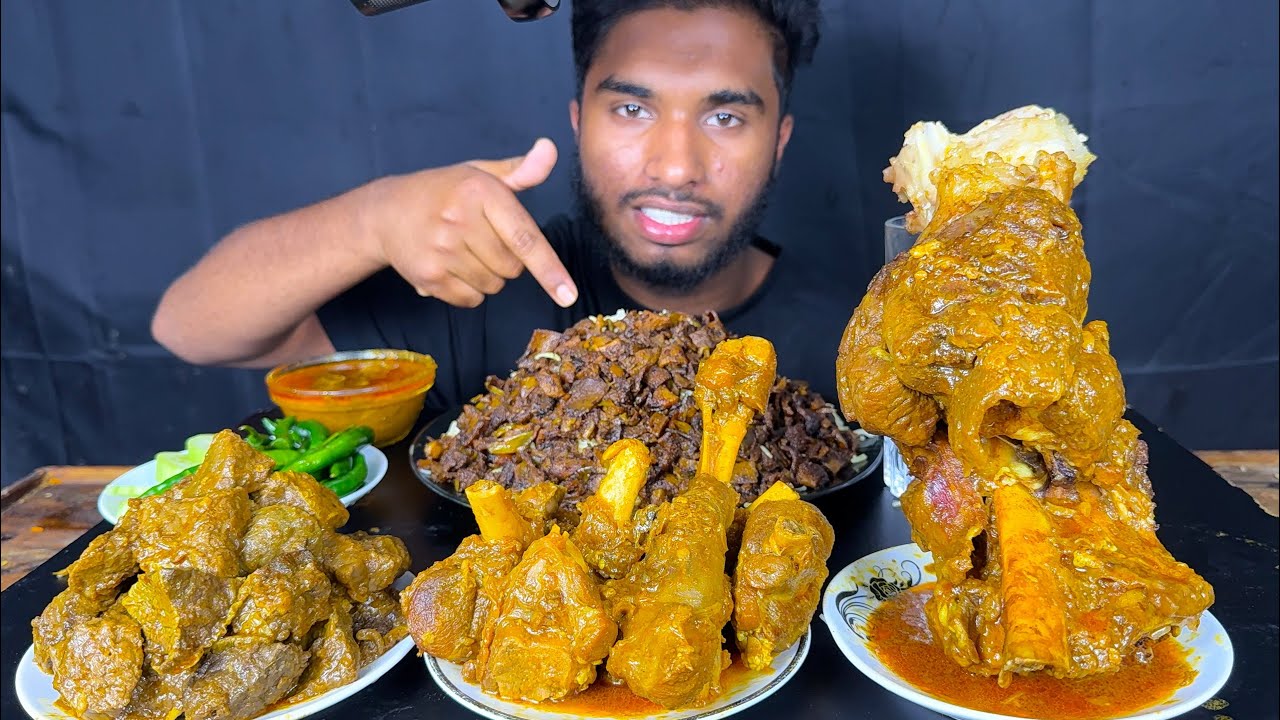spicy mutton curry, mutton boti curry, mutton lungs curry and buffalo leg piece with rice mukbang