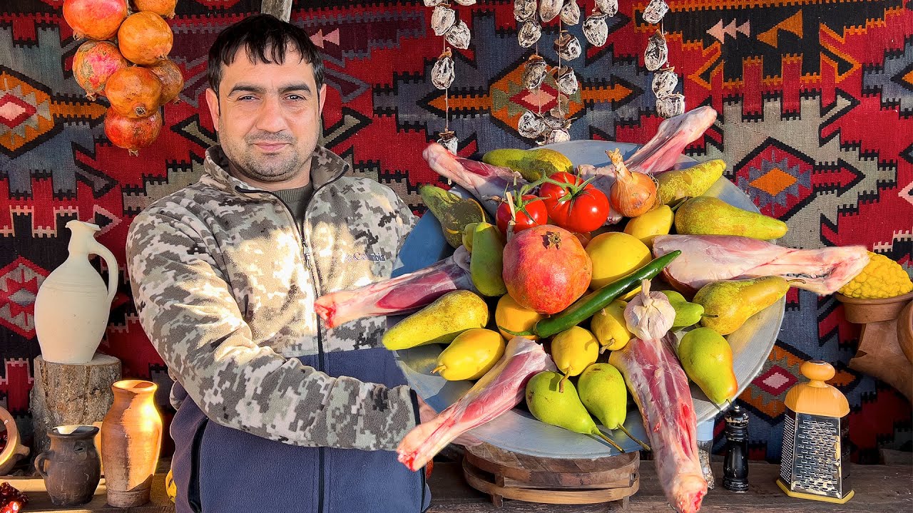 Морозная погода, замерзший пруд, заснеженные горы! Шеф-повар Аббасов готовит баранину с фруктами