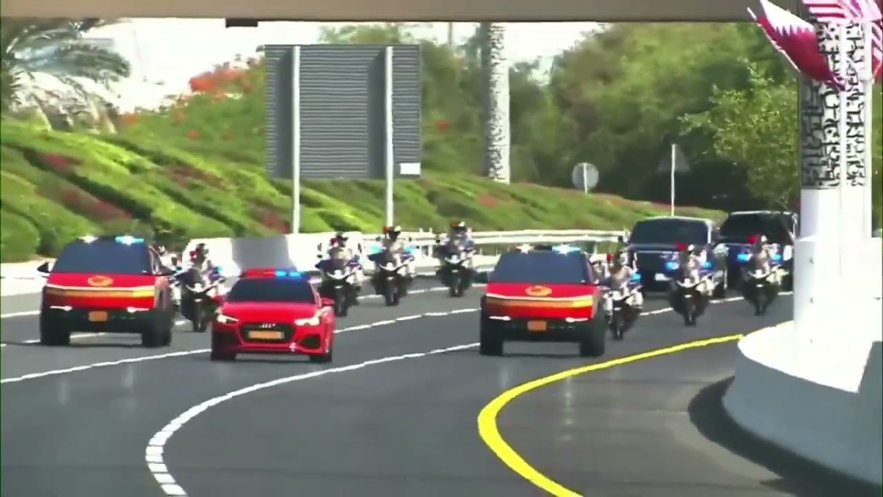 TESLA CYBERTRUCKS escort President Trump&rsquo;s Motorcade to the Amiri Diwan in Doha, Qatar