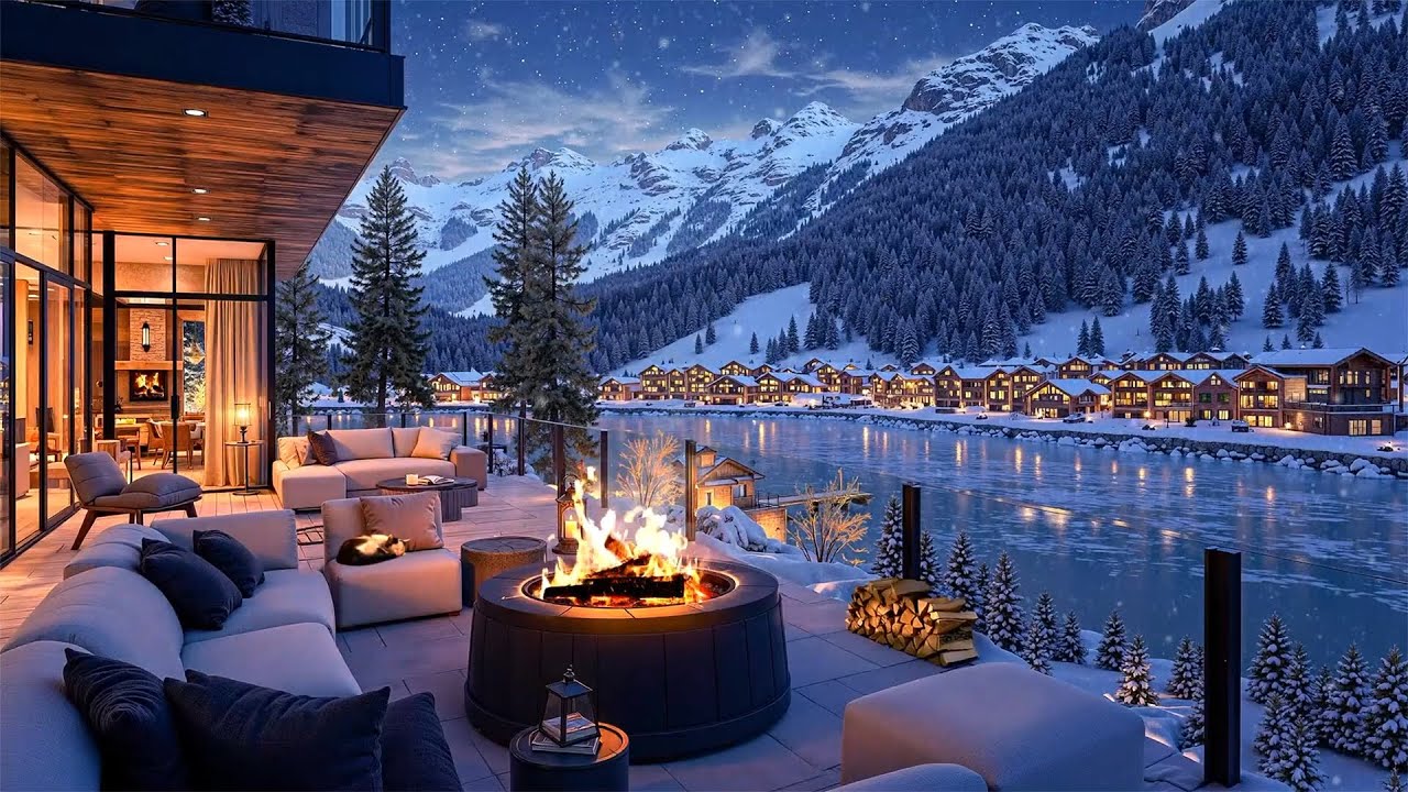 Relaxing Winter Night Terrace~ Warm Firelight , Smooth Jazz & a Peaceful Retreat in Snowy Serenity❄️