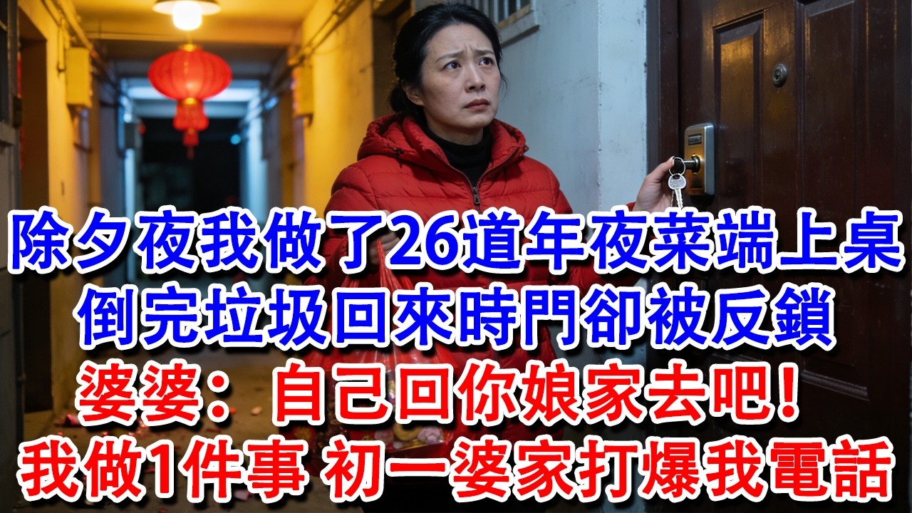 【完結爽文】除夕夜我做了26道年夜菜，倒完垃圾回來時門卻被反鎖，婆婆：自己回你娘家去吧！我做1件事，初一婆家打爆我電話。#婆媳 #家庭 #情感故事 #為人處世 #婚姻 #故事 #情感 #出軌 #生活