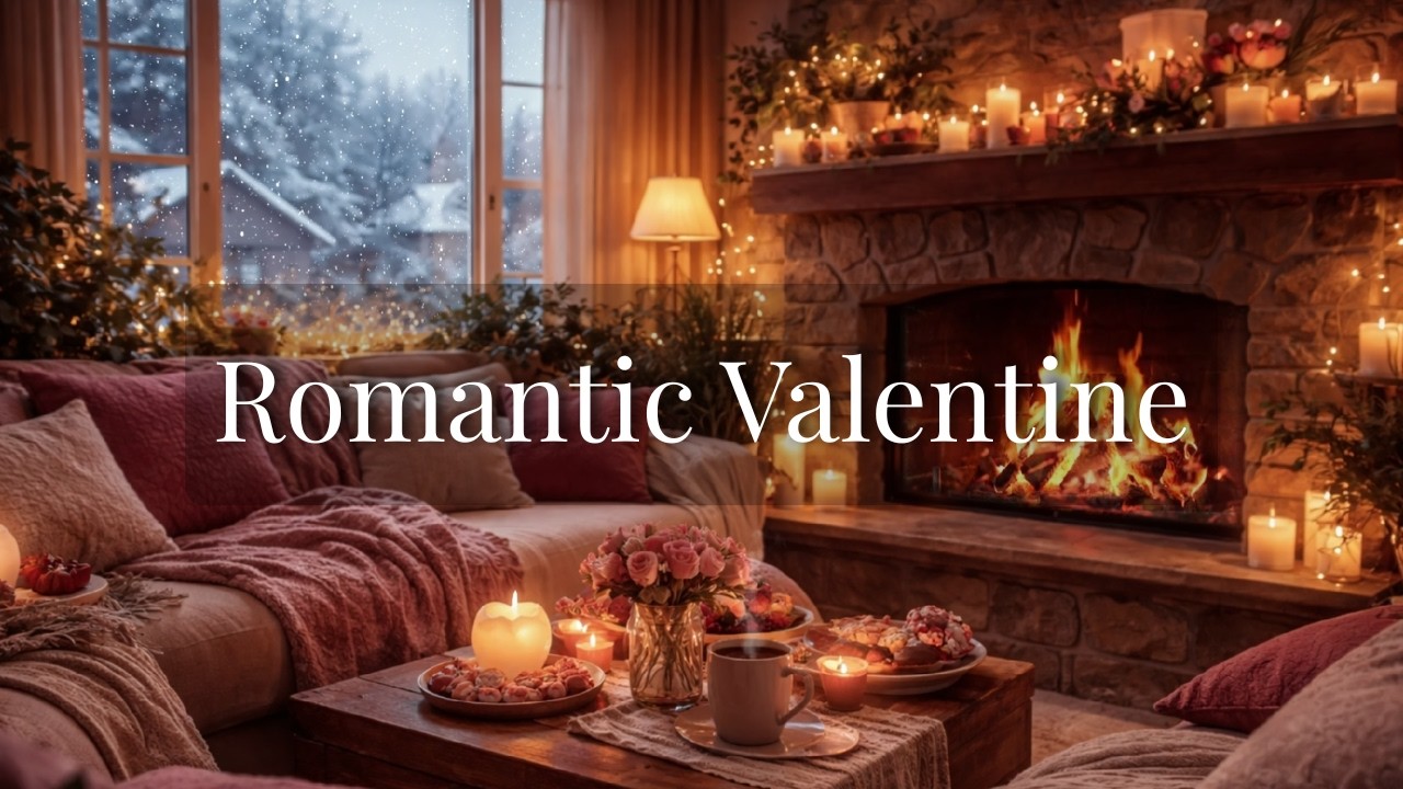 Romantic Valentine’s Day Ambience | Soft Piano Background Music, Cozy Fireplace & Falling Snow