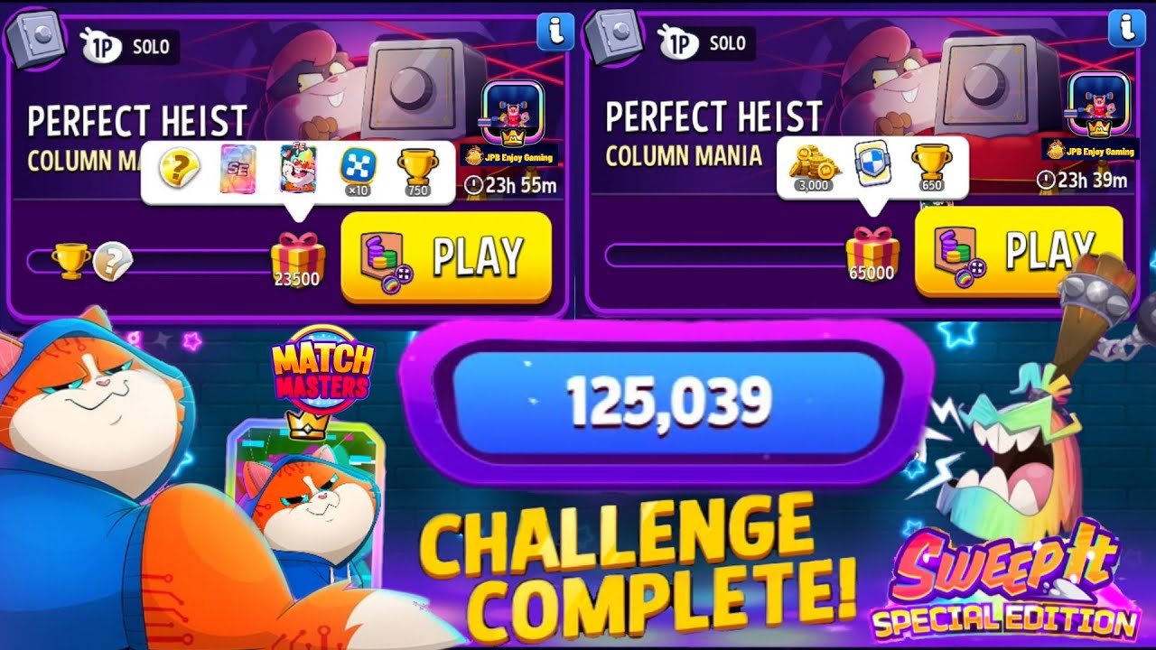 Perfect Heist Columns Mania+Rainbow+ Super Sized Solo Challenge 23500 and 65000 Score Match Masters