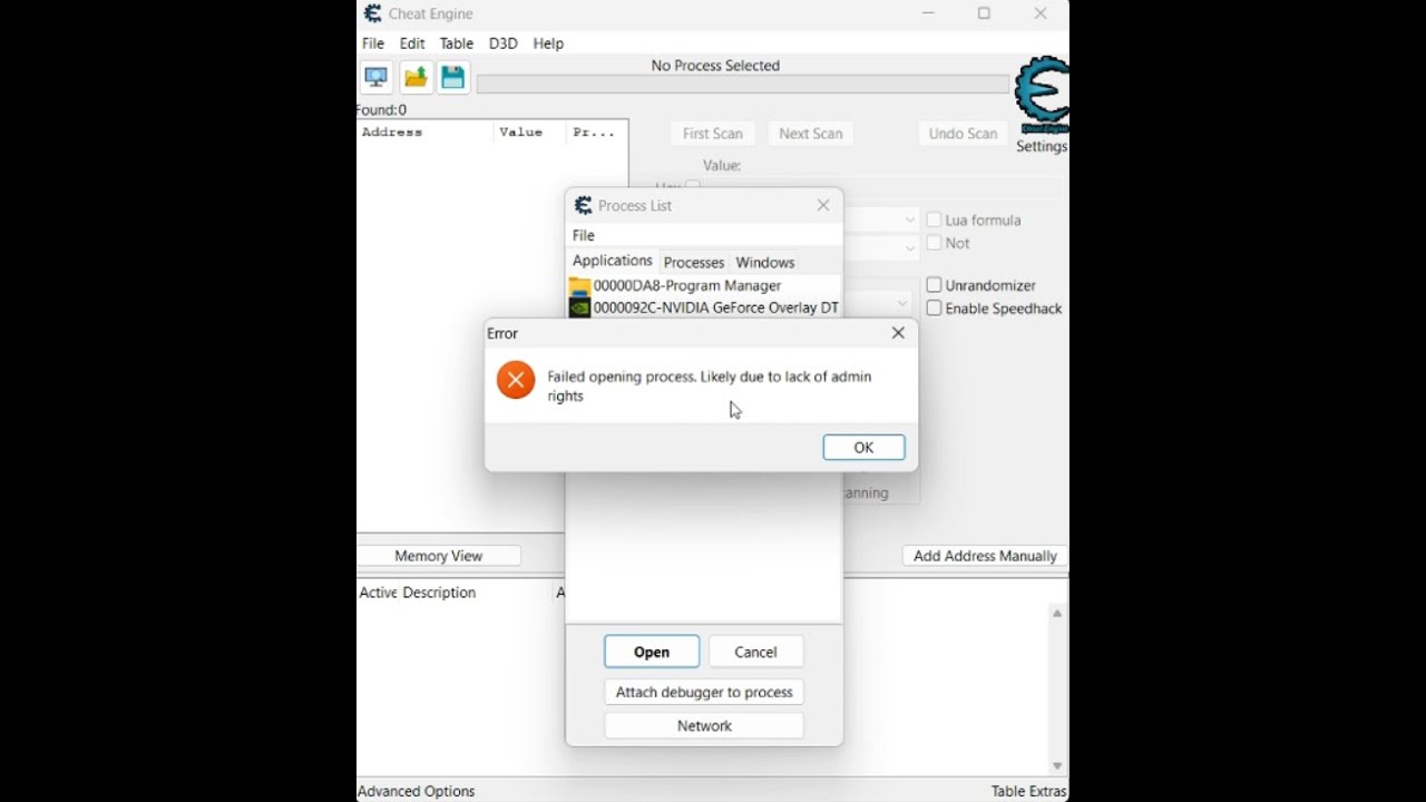 Fix Problem Cheat Engine | failed opening process. likely due to lack of admin rights...
